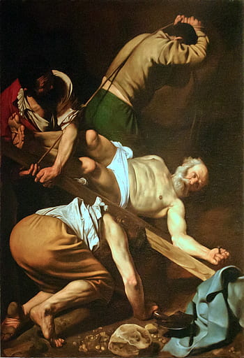 crucifixion of st peter, painting, caravaggio, church, rome, santa maria del popolo