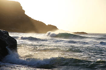 sea, ocean, water, waves, nature, beach, coast, seashore, cliff, rocks, hill