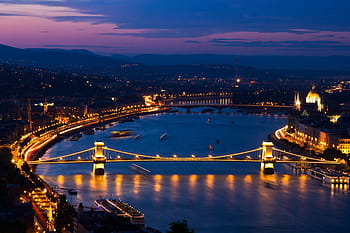 budapešť, řetězový most, Dunaj, večer, panoráma, město, Maďarsko, panoráma města, v noci