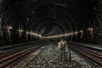fantazie, chlapec, opuštěný, tunel, železniční kolejnice, temný, magie, děti, Modelka