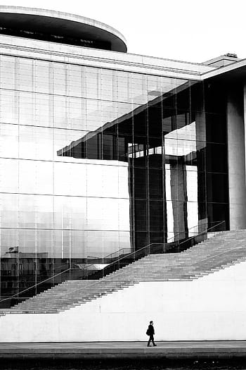 osoba, chůze, vedle, bílý, skleněné budovy, budov, struktura, architektura, design, schody, řádky