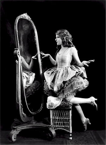grayscale photography, woman, white, sleeveless dress, staring, self, vanity mirror, mary pickford, actress, motion pictures, films