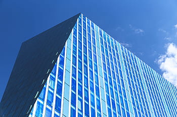 angled building, sunny, blue, day, city, building, blue day, day in the city, architecture, glass - Material, modern