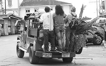 black and white, means of transport in filandia, jeep, willys