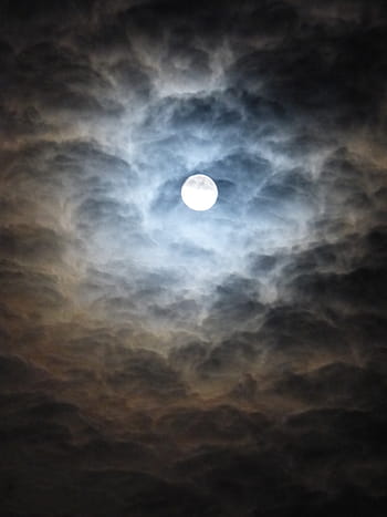 cloudy, night sky, showing, full, moon, blurry, clouds, blue, bright yellow, ghostly, sky