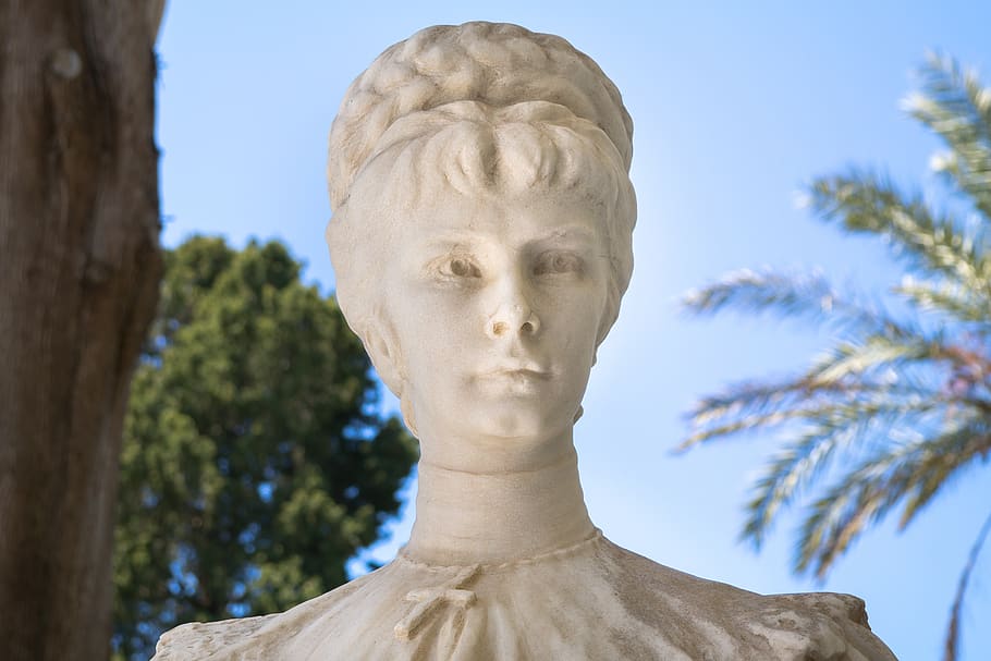 elisabeth amalie eugenie, statue, sissi, marble, park, woman, white, garden, achilleon, greece, greek