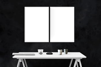 two, white, boards, wooden, table, mockup, wall, poster, mock, frame, template