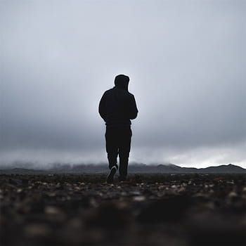 man, walking, pebbles, mountain, distance, silhouette, standing, leaning, daytime, guy, hoodie