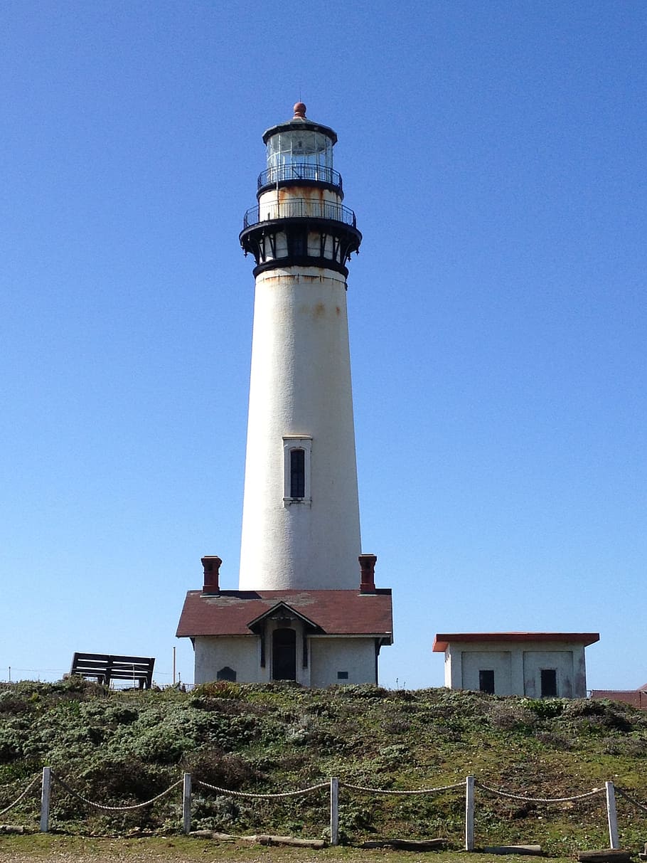 white, tower, shed, brown, bench, white tower, in between, lighthouse, light house, california, pigeon point