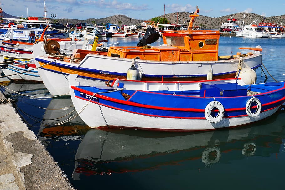 greece, greek port, fishing port, fishing, fishing boats, fishing boat, idillisch, reflection, rustic, quiet, port