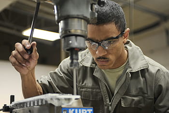 person, using, drill press, room, lights, turned, worker, drilling, machine, drill, labor