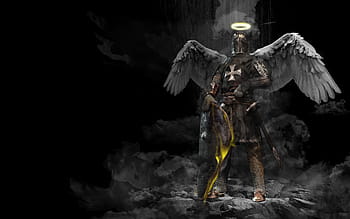 knight angel wallpaper, knight, angel, middle ages, holy, armor, background, shield, sword, halo, wing