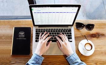 person, using, macbook, pro, apple, caffeine, coffee, coffee shop, computer, denim, desk