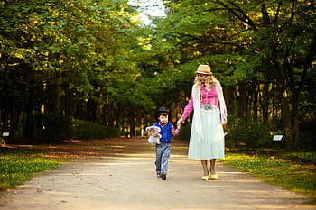 woman, boy, walking, outdoors, park, mother and son, family, stroll, mom, child, baby