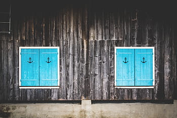 two, closed, blue, wooden, windowpanes, architecture, building, window, design, logo, wall
