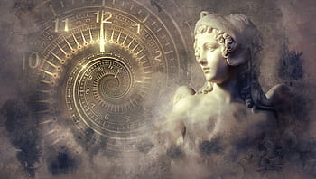 woman statue, fantasy, clock, statue, light, spiral, angel, mystical, composing, photo montage, magical