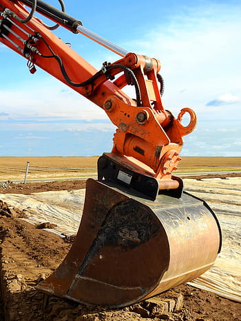 orange, brown, heavy, equipment, blue, sky, daytime, excavators, machine, construction machine, site