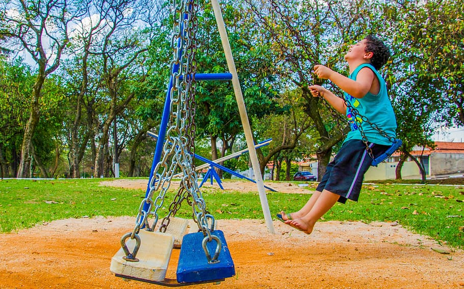 boy, riding, playground swing, balance, child, playground, children's day