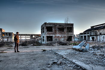 ชาย, จุดยืน, 2 ชั้น, คอนกรีต, อาคาร, HDR, พื้นที่ที่ถูกทำลาย, โรงงานเก่า, อ้างว้าง, พื้นที่ร้าง, ถูกปล่อยปละละเลย