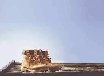 brown, leather work boots, table, selective, focus, photography, one, pair, wheat, nubuck, timberland