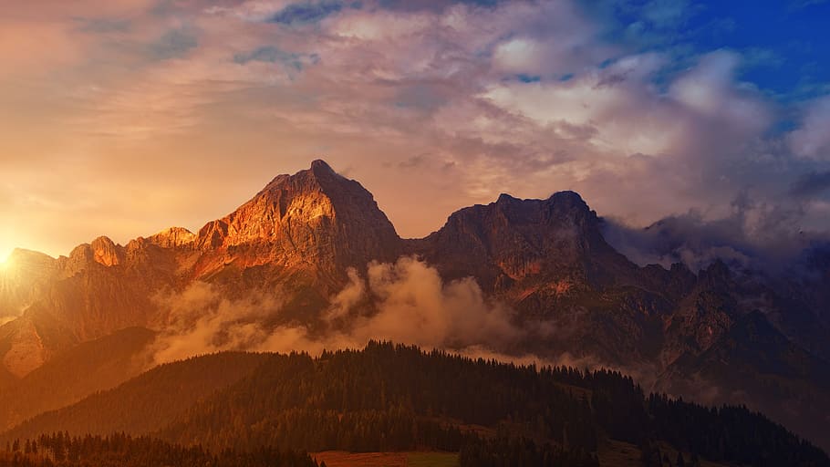 skalnaté hory duringsunset, hora, západ slunce, panoráma, svítání, krajina, vysokohorský, Rakousko, les, borovice, nebe