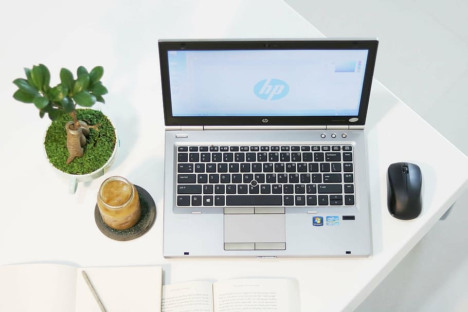 white, hp laptop, black, cordless, computer mouse, table, above view, technology, product, fresh, simple