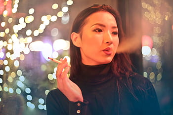 pretty, woman, smoking, cigarette, blow, smoke, bokeh, lights, female, girl