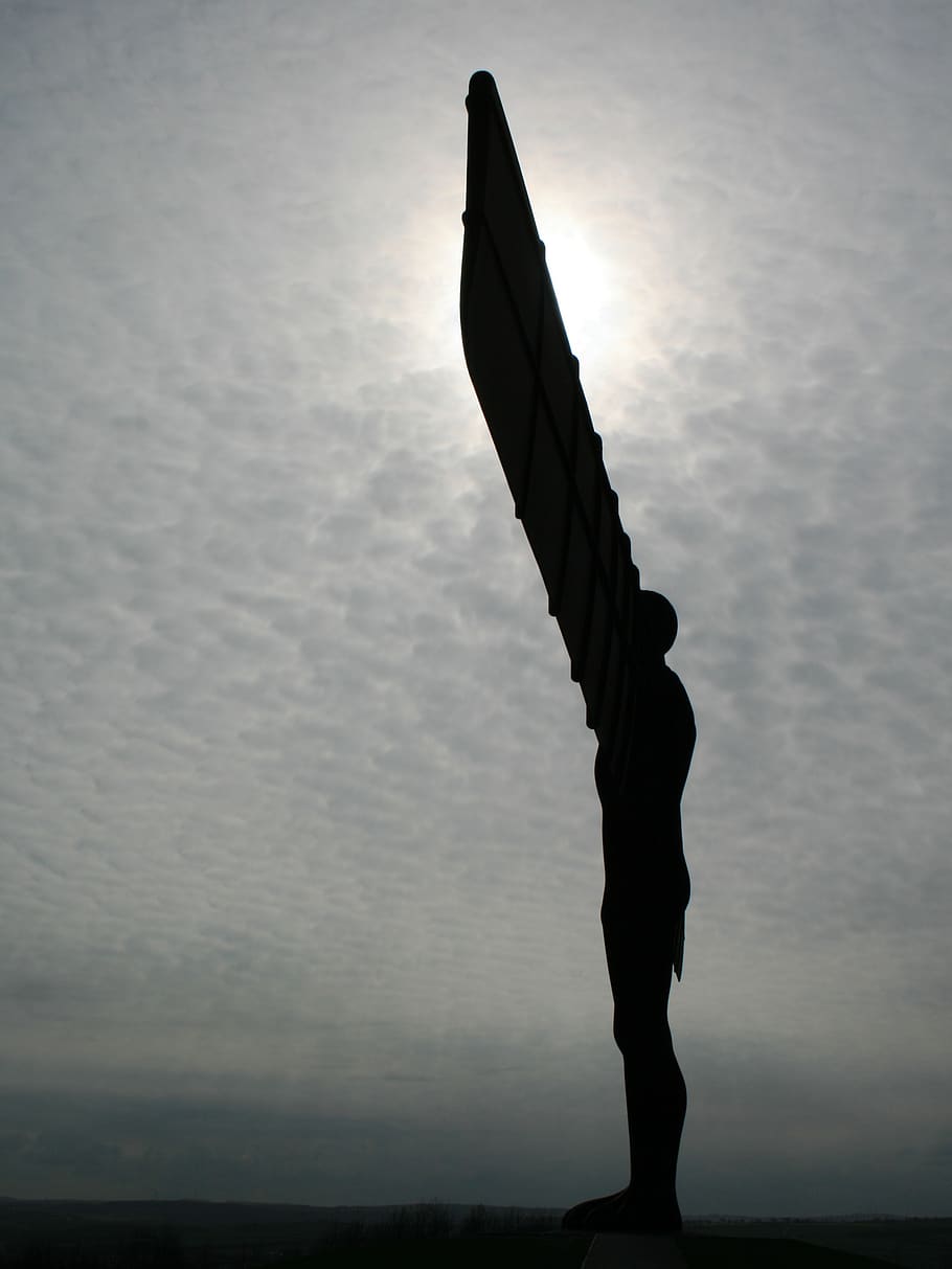 people, landscape, water, silhouette, silhouetted, angel of the north