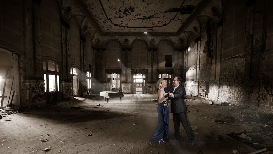 man, woman dancing, inside, empty, room, lost place, ballroom, human, dance