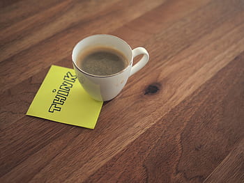 post-it note, coffee, cup, think, wood, desk, office, business