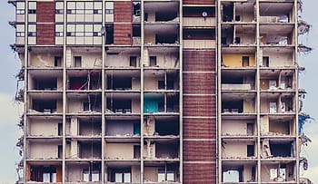 brown, beige, concrete, building, disrepair, decayed, dilapidated, abandoned, grungy, broken, damaged