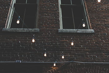 lighted, string lights, front, brown, brick wall, lights, dark, night, bulb, architecture, establishment