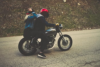 muž, žena, jezdectví, motocykl, beton, silnice, dva, osoba, motorka, ulice, helma