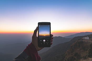 muž, přijímání, fotografie, svítání, použitím, chytrý telefon, mobilní telefon, mobilní, pohybliví, Dotyková obrazovka, ruka, hory