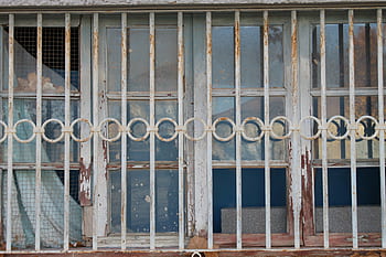 house, outside, window, rusty, steel, glass, screen, curtain