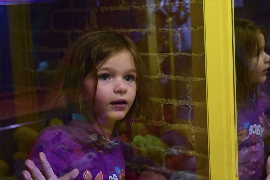 Girl, Glass, Wonder, Reflection, looking, arcade, cute, face, eyes, child, white