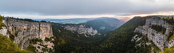 panoramatický, fotografie, hory, zataženo, nebe, creux du van, kaňon, skalní kotel, svítání, barevné skály, panoráma