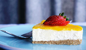 tvarohový koláč, dezert, jídlo, tvarohový koláč citron, citrón, jahoda, ovoce, Chutný, Vidlička, deska