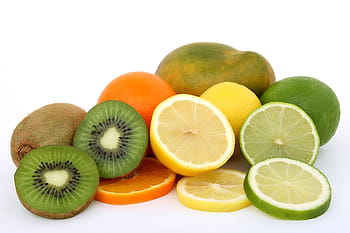 sliced, kiwi, orange, lemon, green, papaya fruits, background, bitter, breakfast, bright, catering