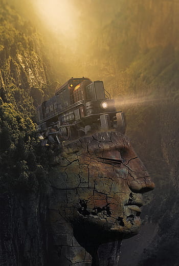 fantasy, landscape, fantasy landscape, surreal, rocks, face, train, light, mystery, mysterious, dream