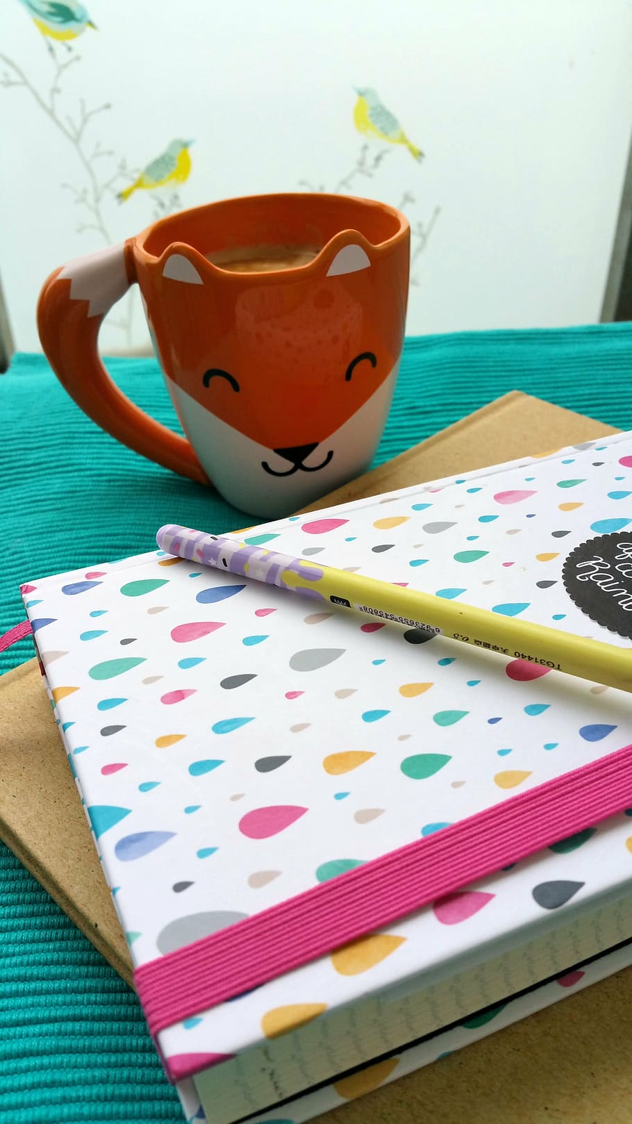 oranžový, bílý, liška hrnek, notebook, káva, fuchs, kávový šálek, kalendář, pero, žádná data, vypnout