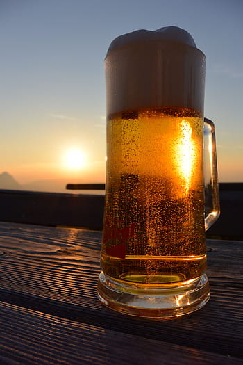 pivo, naplněné, skleněný hrnek, hnědý, dřevěný, panel, Salzburg, Rakousko, unterberg, summitu, západ slunce