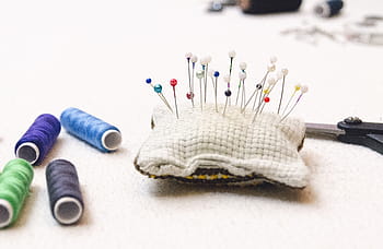 pins and threads, four, thread, spools, white, pin, cushion, pins, placed, panel, sewing