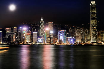 noc, město, noční, panoráma města, dlouhé expozice, architektura, budova, cestovat, Hongkong, měsíc, měsíční svit