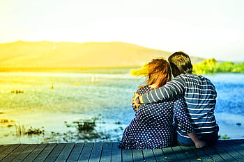 man, woman, sitting, wooden, surface, daytime, couple, seaside, looking, view, love