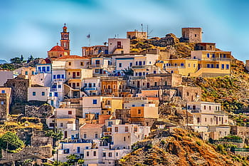 Řecko mezník, během dne, architektura, město, panoráma, cestovat, Dovolená, Řecko, ostrov karpathos, místo, olympos