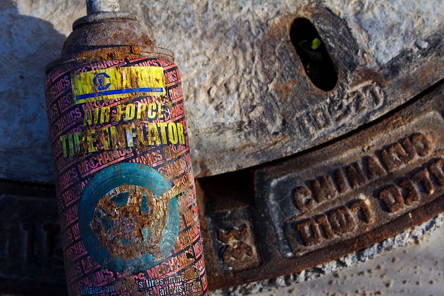 red, labeled, spray bottle, grunge, rusty, tire inflator, spray can, spray, aged, old