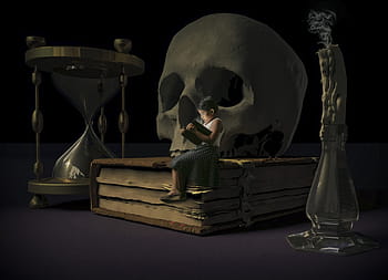 boy reading book, big, skull illustration, people, adult, sculpture, furniture, man, skull, still life, performance