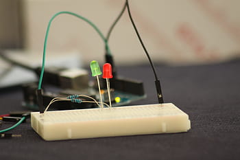 Červené, modrý, vedený, žárovky, světlo, zelená, kabel, dráty, mechanický, odpor, technologie