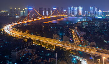 wuhan parrot island bridge, night view, traffic, hubei, wuhan, wuchang, yangtze river bridge